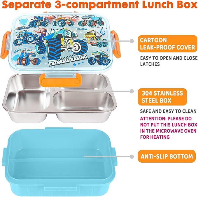 Stainless Steel Bento Lunch Box for Kids, 800ml/27oz BPA-Free Leak-Proof Food Containers with 3 Compartments, Dishwasher Safe, Back to School Students Lunches Size for Ages 3-7