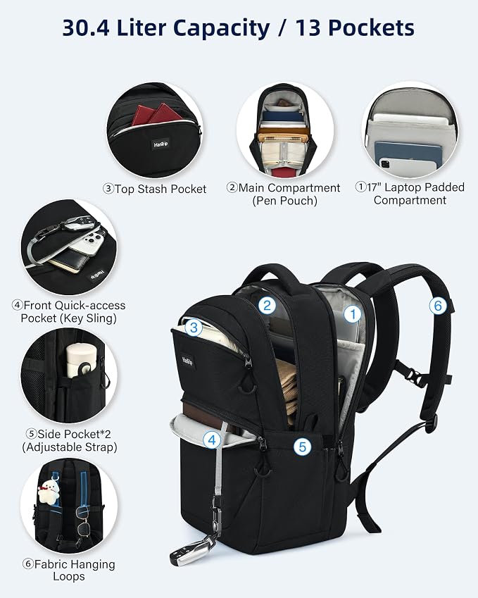 HanTrip 18 Inch Carry on Travel Backpack with Lots of Pockets, Black | 17 Inch Laptop Sleeve, Luggage Sleeve, Water Bottle Pocket, 30 Liter, Chest Strap, Water Resistant, 18x14x8 Medium Bookbag