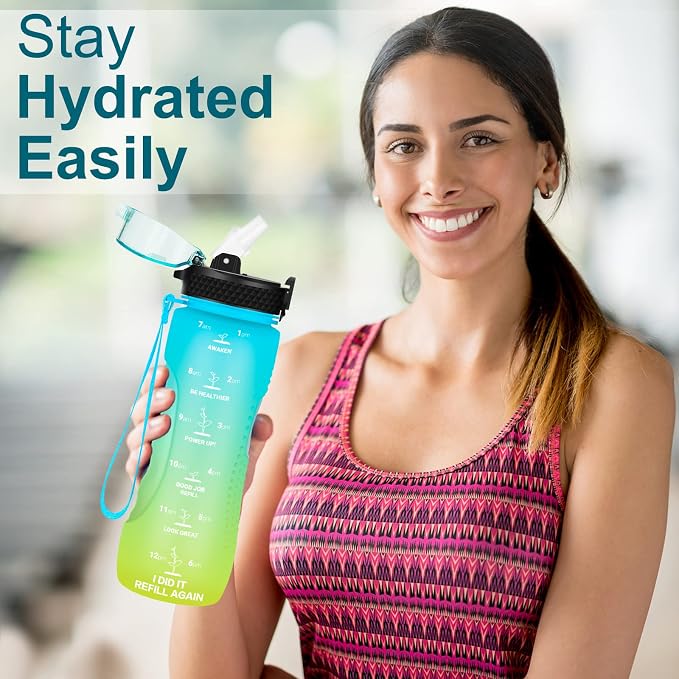 24 OZ Motivational Kids Water Bottle With Time Marker,Straw Lid,Leak Proof, Tritan BPA Free Sports Water Bottle Blue-Yellow(1 Lid)
