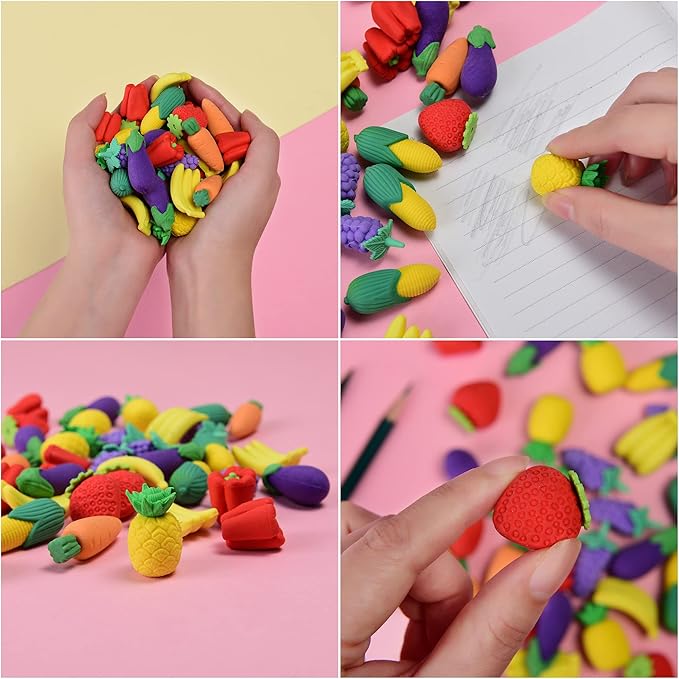 40 Pcs 3D Food Earsers, Cute Mini Fruit Vegetable Puzzle Erasers, Bulk Cool Fun Take Apart Erasers for Kids Boys Girls