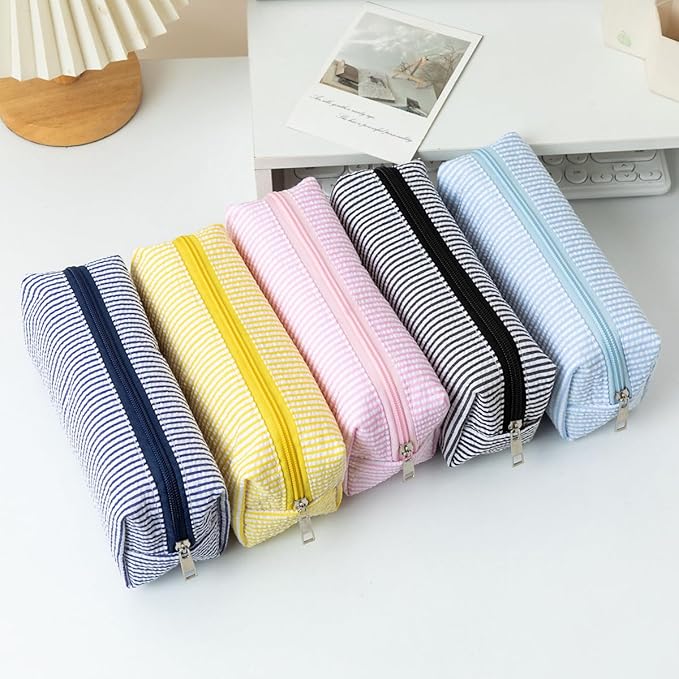 Seersucker Striped Pencil Bag, Large Capacity Stationery Pouch | Preppy Aesthetic Multifunctional Design That Doubles as a Cosmetic Makeup Pouch or Travel Storage Bag