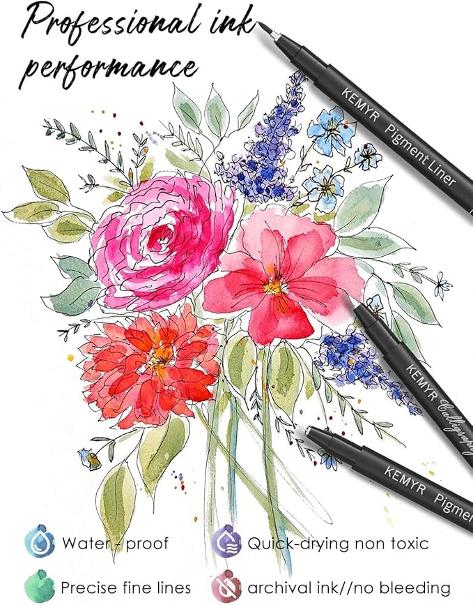 KEMYR 4 Micro Fine liner Drawing Art Pens Calligraphy Pens: XS-L Size Black Art supplies Waterproof Archival Black Ink Markers For Artists,Use for Professional Watercolor,Sketching