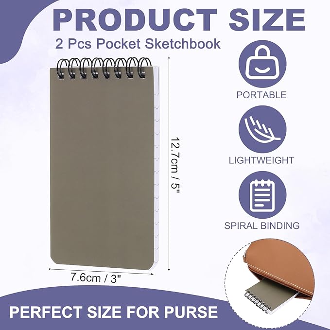 PATIKIL 3x5" Pocket Sketchbook, 2 Pcs Top Spiral Notebook Mini Lined Notebook Memo Pads 80GSM 60 Sheets/120 Pages Hard Cover Portable for Office Outdoor Travel Journal Draw, Light Khaki