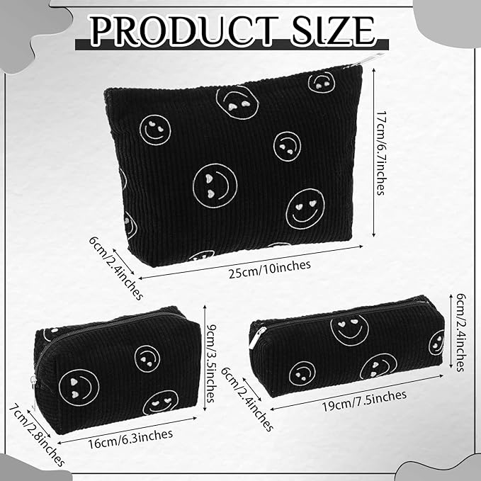 Huhumy 3 Pcs Makeup Bag Set for Women Corduroy Cosmetic Pouch Aesthetic Smile Travel Toiletry Bag Cute Purse Pouch Pencil Case Makeup Brushes Storage Organizer with Zipper(Black,Smile Face)