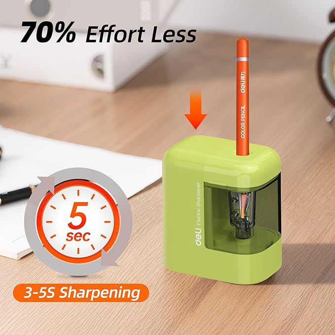 deli Electric Pencil Sharpener, Portable Pencil Sharpener for No.2 Pencils Colored Pencils, Battery Powered Electric Pencil Sharpener for School, Home, Office, Green