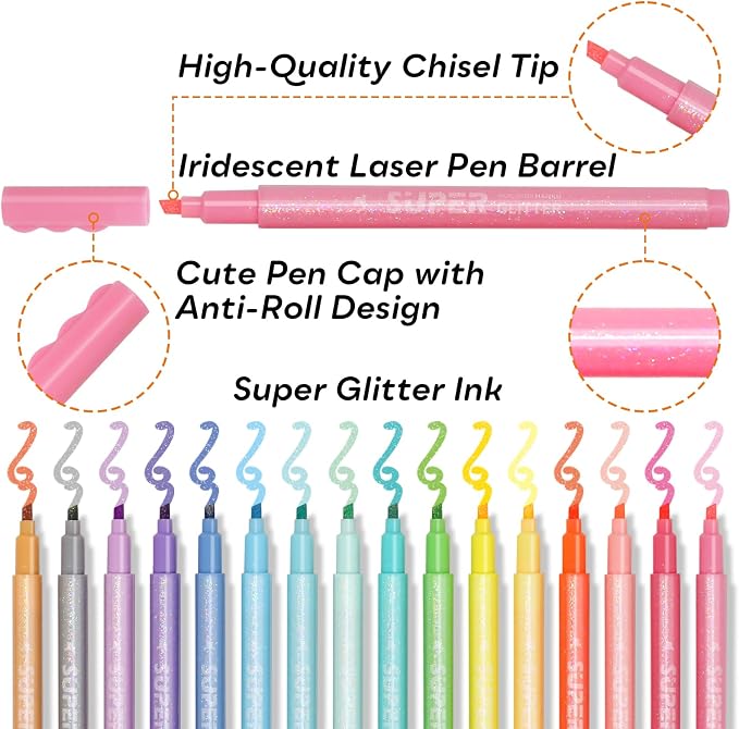 HANKU Glitter Highlighters, 16 Pack, Assorted Chisel Tip Aesthetic Markers | Smooth Shimmering Pastel Ink Perfect for Bullet Journaling, Bible Study, Adult Coloring, and School Supplies