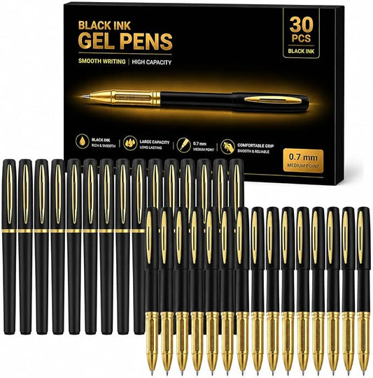 30ct Black Gel Pens 0.7mm Medium Point Smooth Writing Bulk Set | Premium smooth writing, quick-dry smudge-resistant black ink, ergonomic grip, 30-pack for school, office and notes