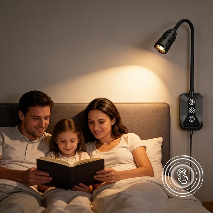 LED Wall Mounted Reading Light with Wave Sensor/Touch Switch, 5 Color & 5 Level Dimmable Touch Book Light for Reading with USB C Charging Port, Eye-Care Bedside Reading Lamp for Bed,Heaboard (Black)