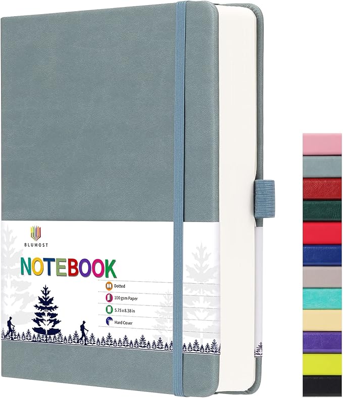Bullet Dotted Journal Notebook - A5 Dot Grid Notebook with 280 Pages,100gsm Thick Paper,Leather Hardcover Journal for Women Men,5.75'' × 8.38''-Gray Blue