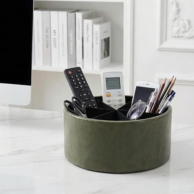 Remote Control Holder, 360°Spinning PU Leather Desk TV Remote Caddy,Desk Storage Box Room Accessories for Controller, Media,Mail,Calculator, Mobile Phone,Pencil(1-Oil Green)