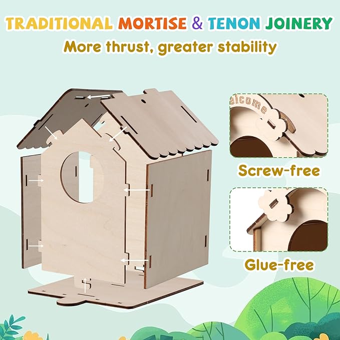 JMMICO Paint Your Own BirdHouses, Wooden Painting Crafts Kits for Kids, Wooden Woodpecker Doorbell & DIY Bird House for Outside, Arts and Crafts for Kids, Easter Gifts for 8-12 Year Old Girls Boys