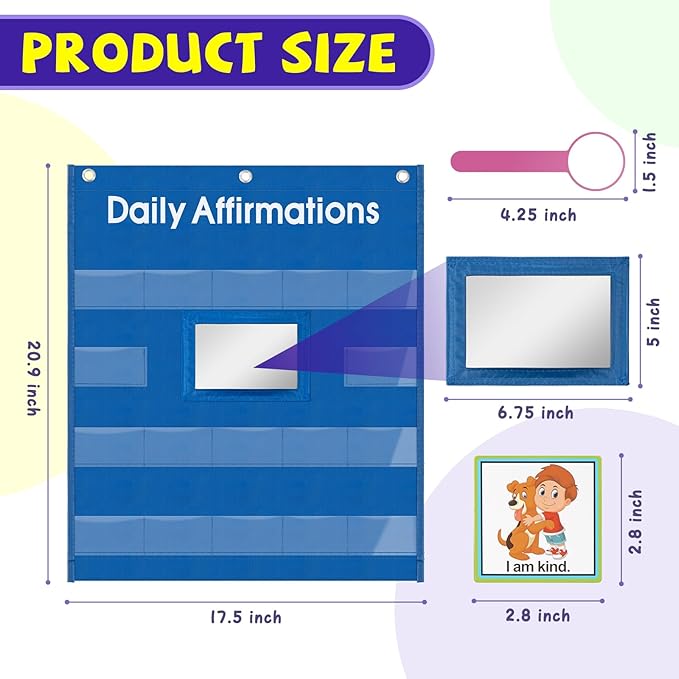 Daily Affirmations Pocket Chart with Mirror for Kids Classroom Teacher Teaching Supplies Calm Down Corner with Behavior Support Cards for School Activities