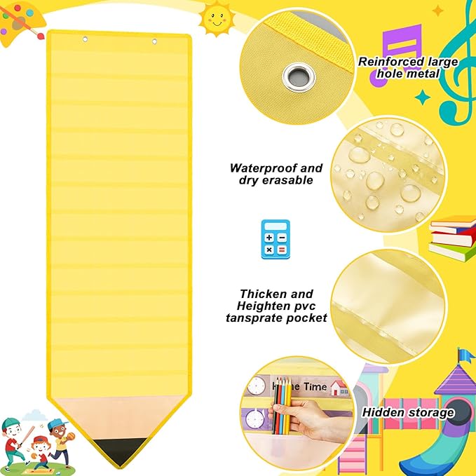 Fullhawl 45 Pcs Pencil Theme Daily Schedule Pocket Chart for Classroom, 13+1 Pockets Kids Schedule Teaching Scheduling Pocket Chart with Cards for Back to School Classroom Decoration