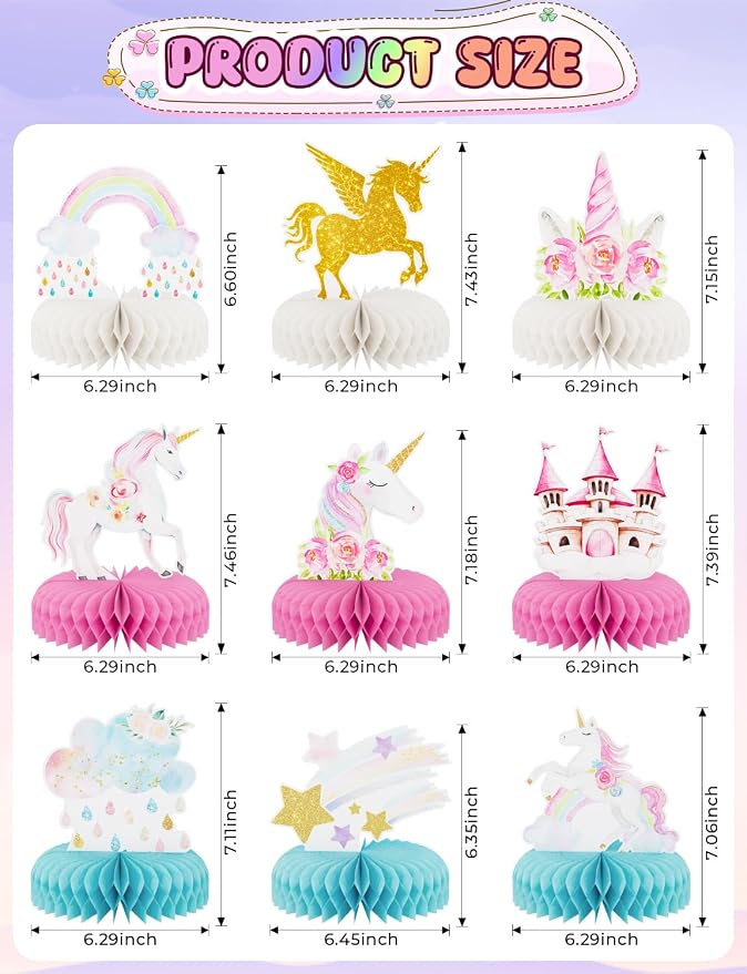 9 PCS Unicorn Rainbow Honeycomb Centerpieces,Unicorn Centerpiece for Table Birthday Party Decorations Pastel Table Topper Centerpiece for Girls Princess Theme Birthday Baby Shower Party Decor
