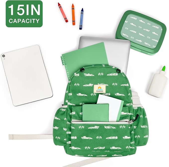 STEAMEDBUN Corduroy Kids Backpack for Girls and Boys 5-8: Girls Backpack for Elementary Kindergarten - 15 inch Cute Backpacks for Kids - Green Racing