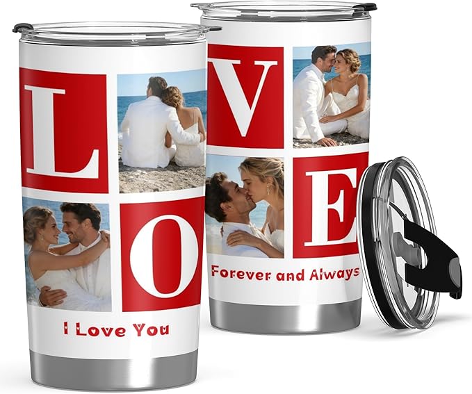 Personalized Tumbler Custom Vacuum Insulated Travel Mug Customizable Coffee Cup with Your Photos and Text Christmas Birthday Gift (LOVE-4 Photos)