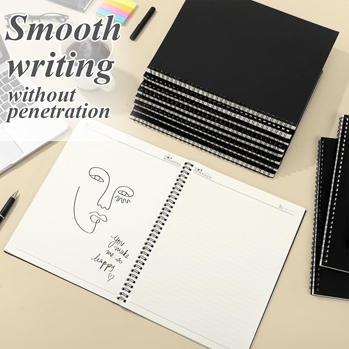 Leelosp 12 Pcs Small Spiral Notebook Lined Spiral Journal College Ruled Notebook Wire Bound Kraft Cover, 120 Pages for Work (Black,8.5 x 11 Inch)