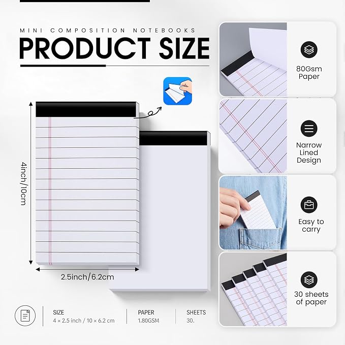 Resurhang 50 Pcs 4'' x 2.5'' Small Legal Pads College Ruled Small Legal Pads Mini Lined Notepads Bulk 30 Sheets Memo 80gsm Heavyweight Paper Notepads for Office Busines Home