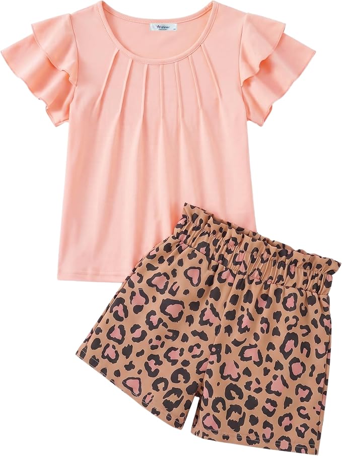 Arshiner Girls 2 Piece Outfits Summer Ruffle Sleeve Top and Paperbag Waist Shorts Set with Pockets Size 5-13 Years