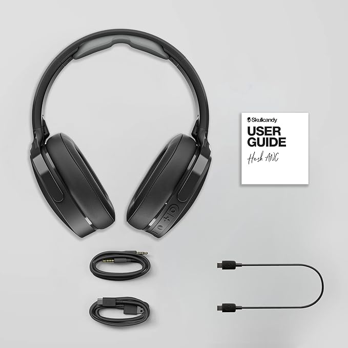 Skullcandy Hesh ANC Wireless Over-Ear Bluetooth Headphones-Extra USB-C Charging Cable,Active NoiseCanceling,22 Hrs Battery,Foldable Lightweight Design, Microphone iPhone Android-True Black(Pack of 2)