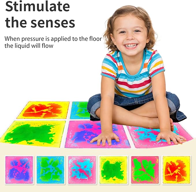 Liquid Sensory Floor Tiles for Kids: 12x12 Inch Active Play Mats for Kids Non-Toxic Leakproof - Non-Slip 6 Color-Changing Pads Stress Relief & Motor Skills Toys