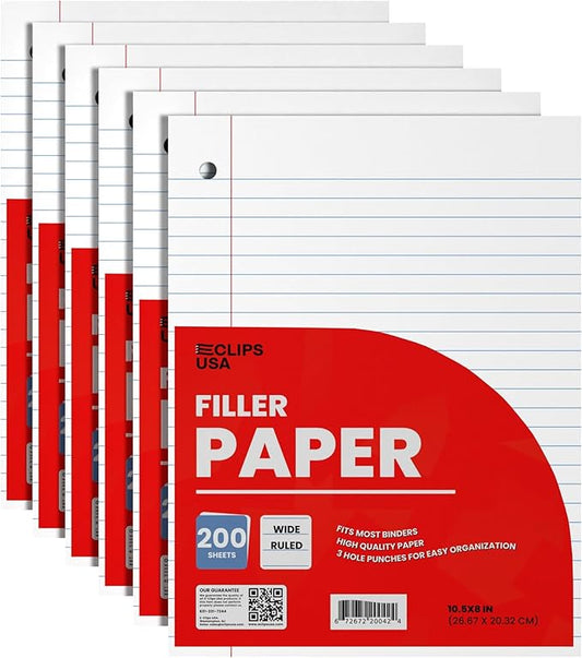 Wide Ruled Loose Leaf Paper Wide Ruled Notebook Paper Lined Writing Filler Paper 10.5” x 8” 56 gsm 1200 Sheets 200 Sheet Per Pack (6 Pack)