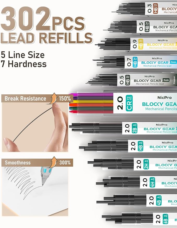 Nicpro 36PCS Mechanical Pencil Set, Art Drawing Pencils 0.3-2mm in Case | Mechanical Pencils Bulk, 0.3 0.5 0.7 0.9 2mm Drafting Pencils, Metal Barrel, 326PCS Lead Refills, for Sketching, Writing