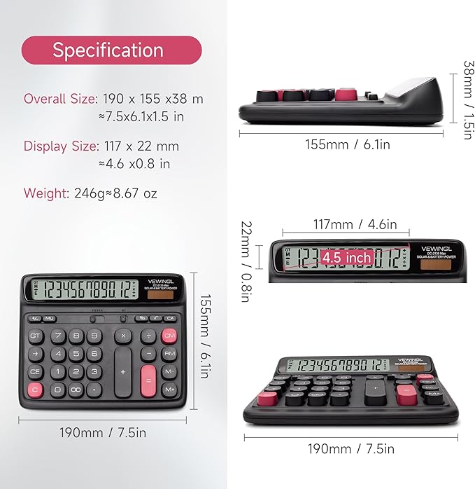 VEWINGL Desktop Calculator with Extra Large LCD Display, 12-Digit Dual Power Solar & Battery Calculator, Big Button Office Calculator for Accounting, Home, School & Business Use (Black)