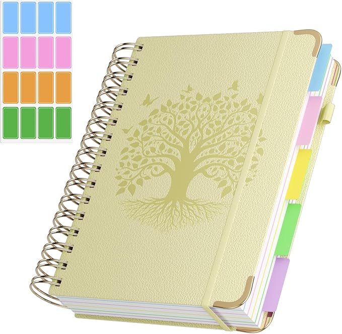 QIYVLOS Hardcover Spiral Notebook, A5 Journal with Removable Dividers Tabs, 5 Subject Notebook College Ruled, 320 Pages 6"x8" Leather Notebooks for Work School Study, Lined Journal for Women, Yellow