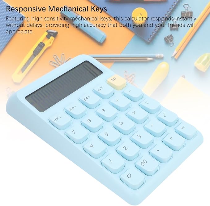 Aramox Basic, Smart, Portable Calculator with Large Display for School and Office Use, Powered by Solar Energy, Compact Design, Mechanical Keys (Blue)