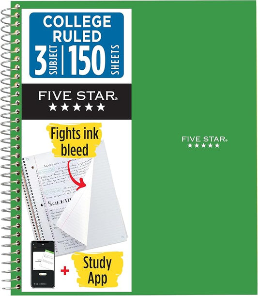 Five Star Spiral Notebook + Study App, 3 Subject, College Ruled Paper, Fights Ink Bleed, Water Resistant Cover, 8-1/2" x 11", 150 Sheets, Green (72067) (Pack of 6)