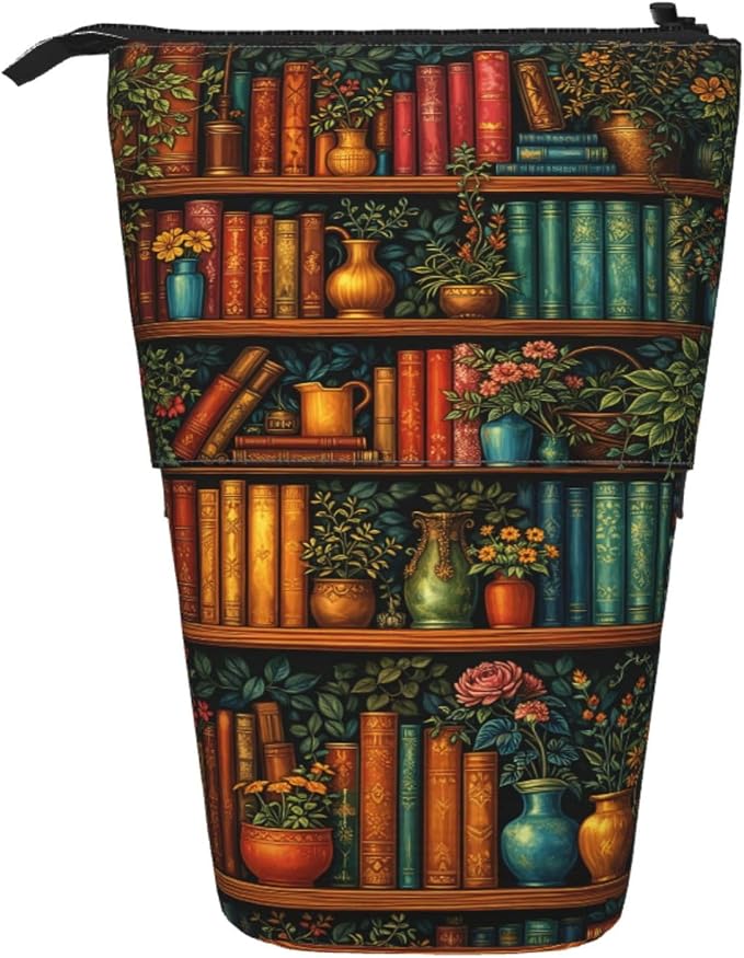 Bookshelf Plant Kids Standing Pencil Case Girls Boys Telescopic Stationary Pouch with Zipper Large Capacity Stand up Pen Bag Portable Makeup Holder for Children School Students Office Supplies