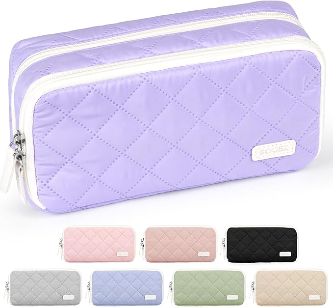 Sooez Large Pencil Case Pouch, Extra Big Pencil Bag with 8 Compartments, Pen Bag Wide Opening, Soft Quilted Pencil Pouch Organizer with Zipper, Portable Pencil Case for Teen Girls, Light Purple