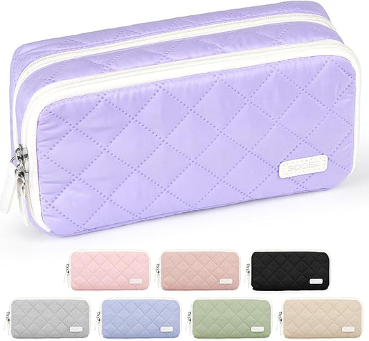 Sooez Large Pencil Case Pouch, Extra Big Pencil Bag with 8 Compartments, Pen Bag Wide Opening, Soft Quilted Pencil Pouch Organizer with Zipper, Portable Pencil Case for Teen Girls, Light Purple