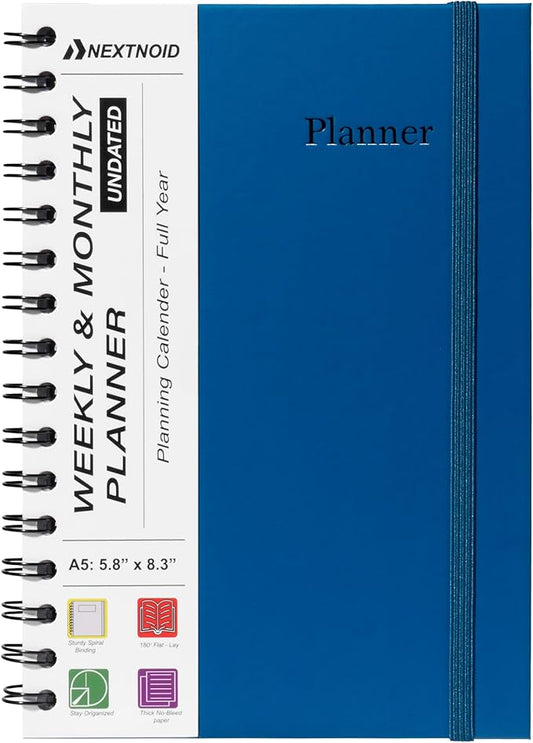 Undated Monthly and Weekly Planner - 12 Month Calendar Planner Notebook with Week Days - Hardcover Undated Planners Blank Agenda Book - A5 Navy Blue