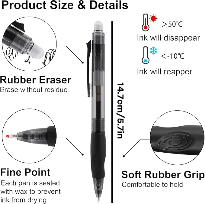 USUAL 0.5mm 8 Color Erasable Gel Pens, Make Mistakes Disappear, Fine Point Retractable Erasable Gel Pens for Writing, Drawing, Office, Planner, School Supplies
