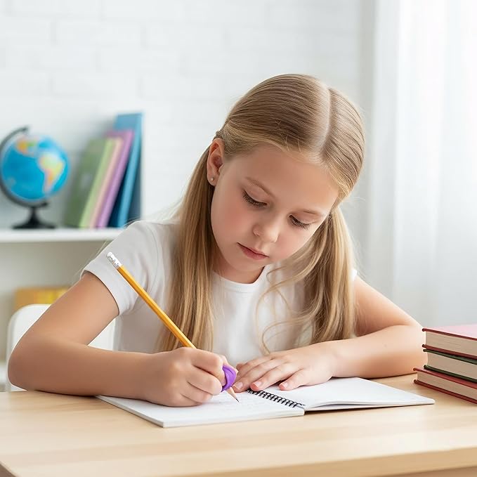 Children's Pencil Grips, Training Device, Pencil Holder for 3- to 15-year-olds, Ergonomic Writing Aid for Kids - Right and Left Hands. (7PCS, Silica Gel, Purple)