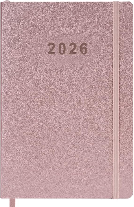 2026 Planner - Weekly and Monthly Planner, Jan 2026 - Dec 2026, Holidays, Contacts and Notes Pages, Vegan Leather Cover, Elastic Closure, 5.5”x8.25”, Rose Gold