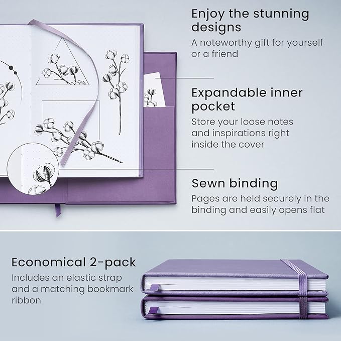 ARTEZA Dotted Journals, Pack of 2, 6x8 Inches, 96 Sheets, Lavender and Purple, Hardcover Notepads with Smooth Paper