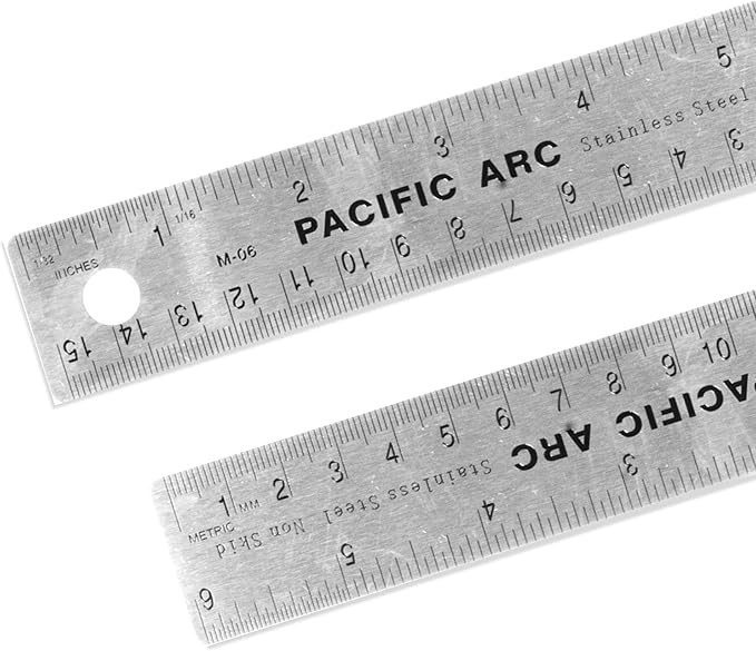 Pacific Arc Stainless Steel 6 Inch Metal Ruler Non-Slip Cork Back, with Inch and Metric Graduations