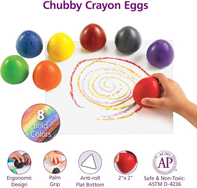 Colorations Chubby Non-Toxic Crayons for Toddlers, Palm Grip Eggs, Set of 8 Colors, Shape is Easy for Young Children Grip, Hold & Draw, Classroom Must Haves