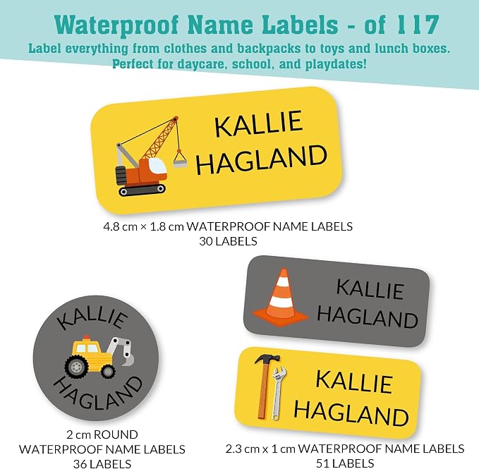 Personalized Daycare Name Labels for Kids (117 Labels) - Custom Durable Waterproof Name Stickers for Clothing Tags, Water Bottles, Lunch Boxes, and School Supplies - Dishwasher, Washer