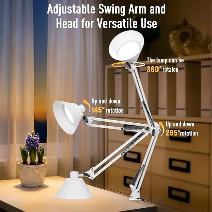 Led Desk Lamp for Home Office - Swing Arm Desk Lamp with Clamp - Architect Adjustable Gooseneck Table Lamp with 5 Color Modes & 10 Brightness for Reading Working Drafting (White)
