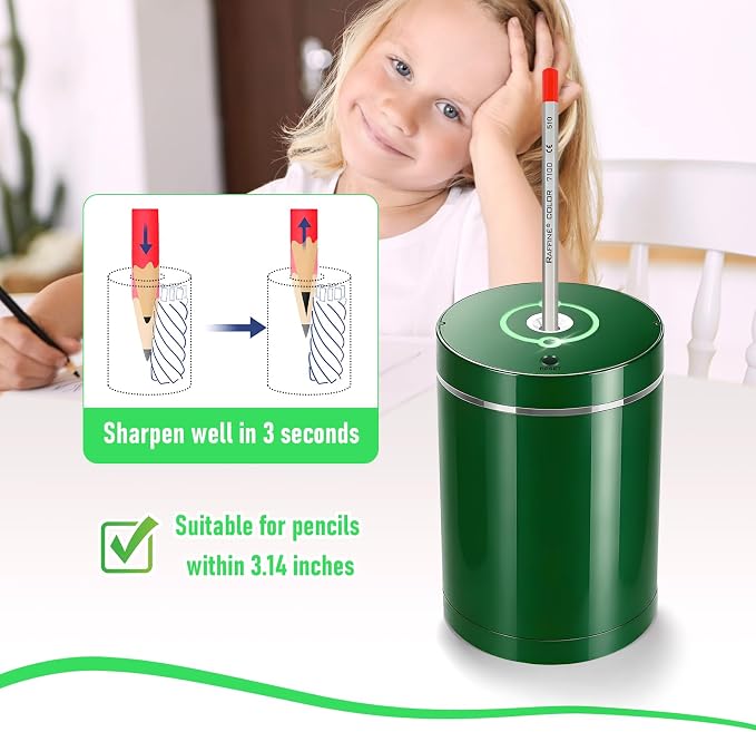 Fully Automatic Electric Pencil Sharpener,Rechargeable smart Pencil Sharpener.Suitable for No. 2/Colored Pencils (6-8 mm),Applicable to School/Classroom/Office/Home（Green）