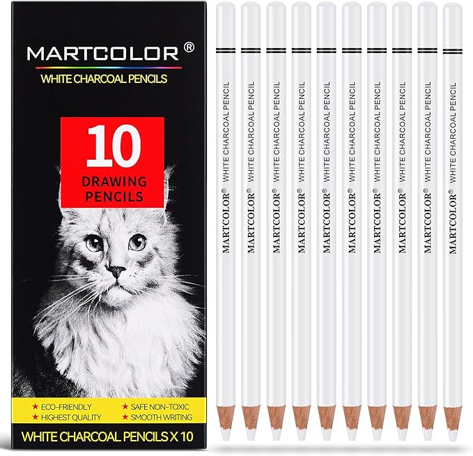 MARTCOLOR Professional White Charcoal Pencils Set, 10 Pieces Sketch Highlight Charcoal Pencils for Drawing, Sketching, Shading, Blending, White Chalk Pencils for Beginners & Artists