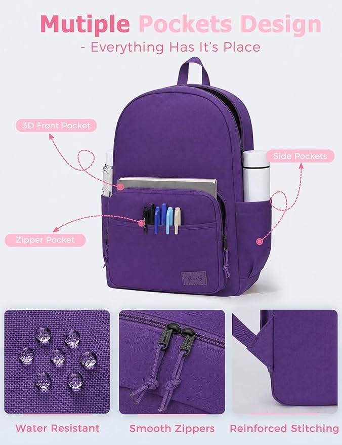 VASCHY School Backpacks, Lightweight Bookbag Schoolbag for Girls Casual Basic Simple Daypack for Women Purple