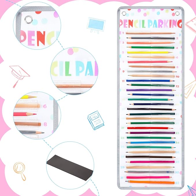 Sabary Pencil Parking Pocket for Classroom,Hanging Pencil Holder Wall Organization Numbered pencils Dispenser with Magnetic Strip Grommets for Back to School Student Essentials(Colorful Dots)