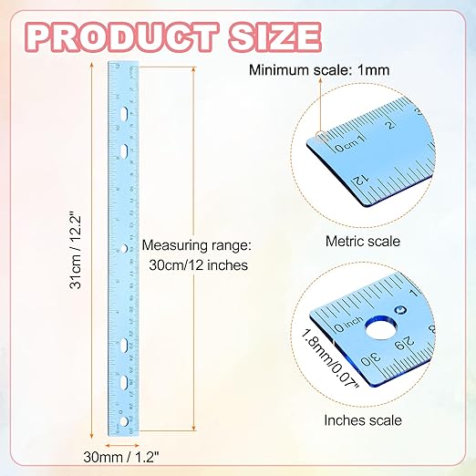 HARFINGTON 20pcs Plastic Rulers 12" (30cm) Clear Straight Ruler Measuring Tool Inches and Centimeters with Hole for Home Office Classrooms Drafting, Clear Blue