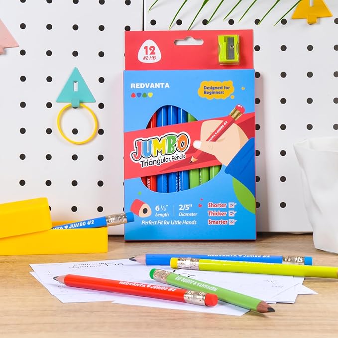 Jumbo HB Pre-sharpened Pencils #2 for Toddlers Preschoolers First Writing, Thick Triangular Grip Fat Pencils with Latex-Free Erasers, Break-Resistant, Back to School Supplies, 12 Count