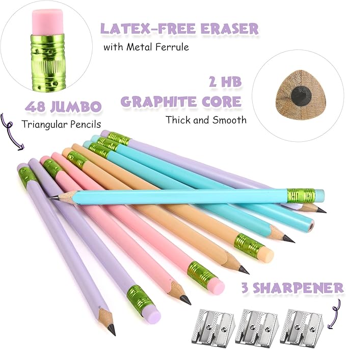 Fainne 48 Pcs Fat Pencils Jumbo Big Thick Large Pencils and 3 Pieces Sharpeners for Kids Beginners Preschoolers Kindergarten School Office Supplies(Pastel Color,Triangle)